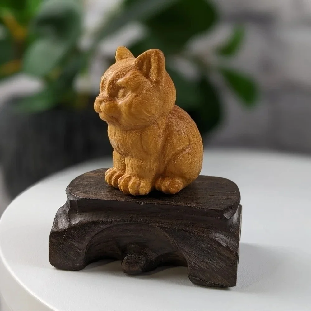 Wooden hand carved cat statue figurine sitting chonky fat ginger orange kitty